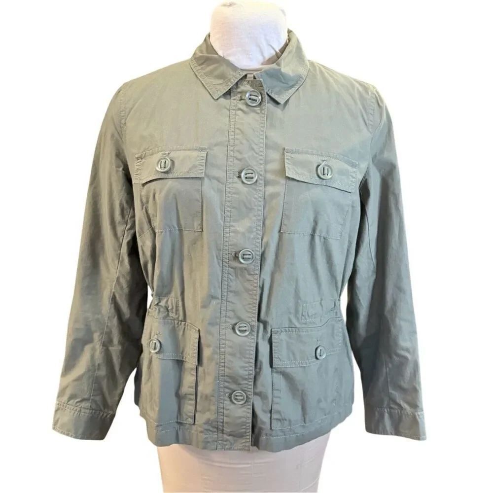 Talbots Womens Utility Military Jacket Green Large Petite Safari